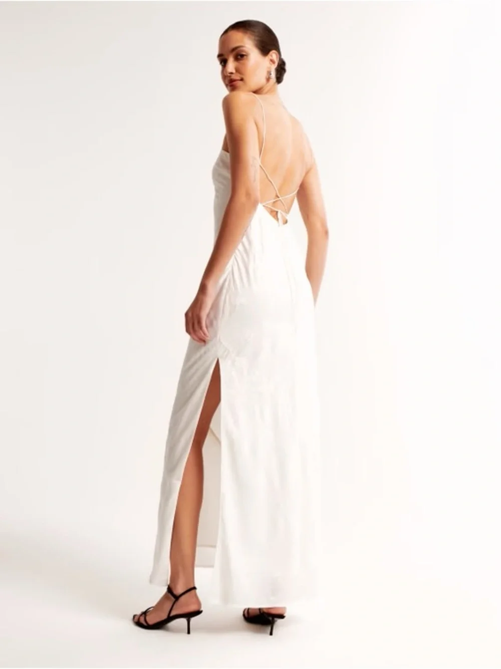 Abercrombie & Fitch White Satin Slip Maxi Dress with Side Slit